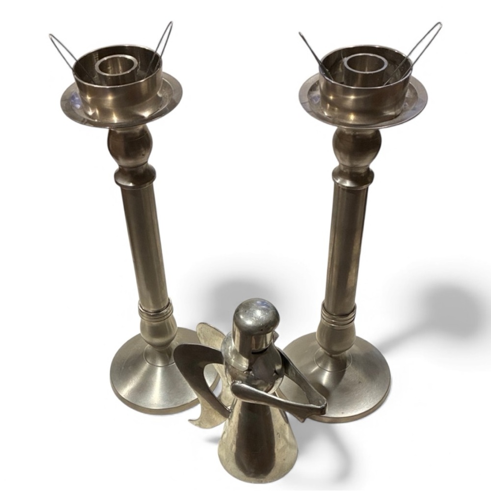 XMAS DECOR Silver Metal Tall Holiday Candlesticks  PLUS Heavy Angel Candleholder